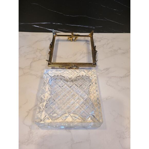 Vintage Glass Crystal Ashtray on a Gilt Ormolu Base Stand Hollywood Regency MCM - Picture 8 of 12